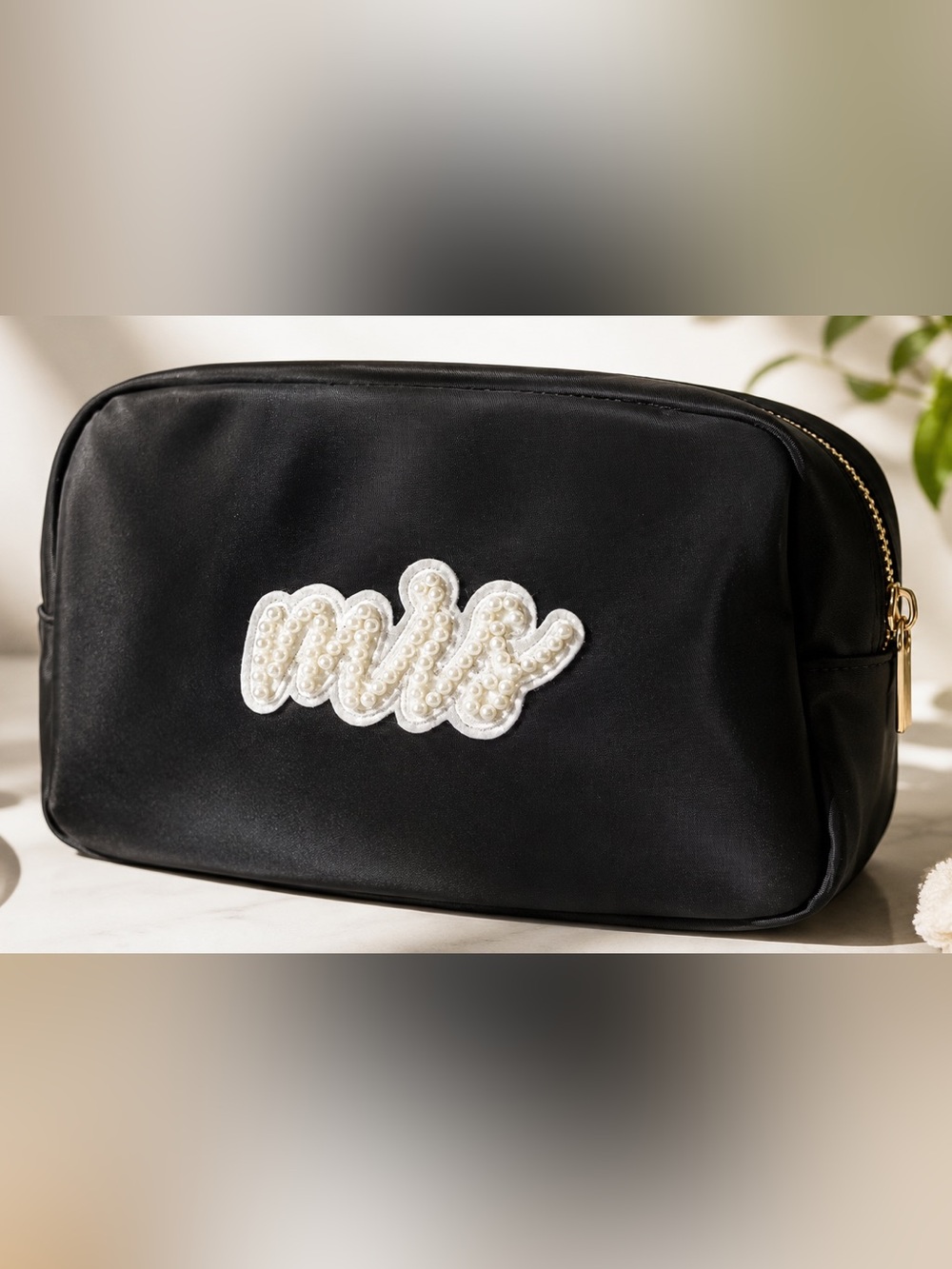 Bride Mrs Makeup Bag Black Nylon Toiletry Bag Pearl Detail